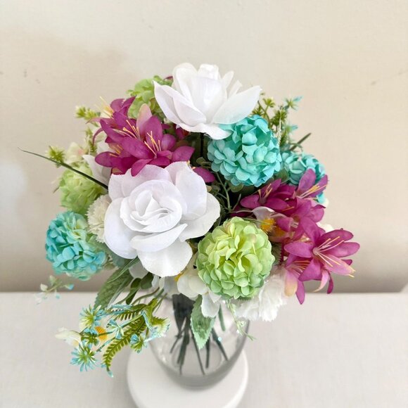 Handcrafted Floral Centerpiece Arrangement Clear Hourglass Vase Upcycled Decor - Picture 3 of 13